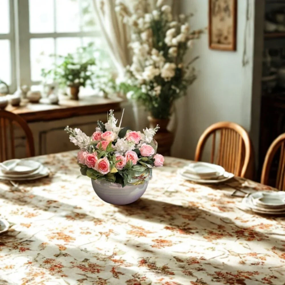 Faux Pink Rose Floral Arrangement Centerpiece in Ceramic Pearl Bowl